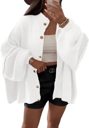 Saodimallsu Womens Oversized Cardigans Long Lantern Sleeve Button Down Loose Ribbed Knit Fall Sweater Coats White