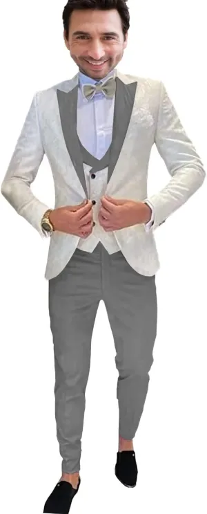 SAROULU Men 3 Pieces Floral Jacket Pants Vest Party Blazers Formal Suit Set Wedding Tuxedo