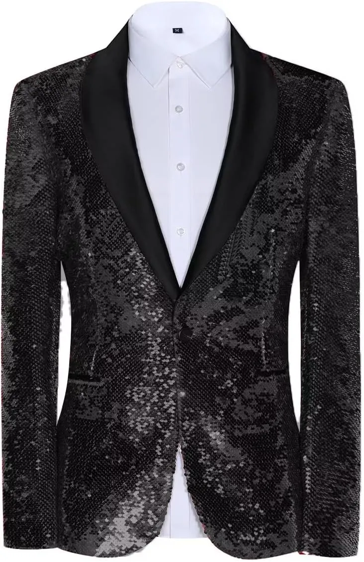 Sequin Blazer for Men Shiny Suit Jackets for Prom Party Banquet Shawl Collar Mens Tuxedo Coats