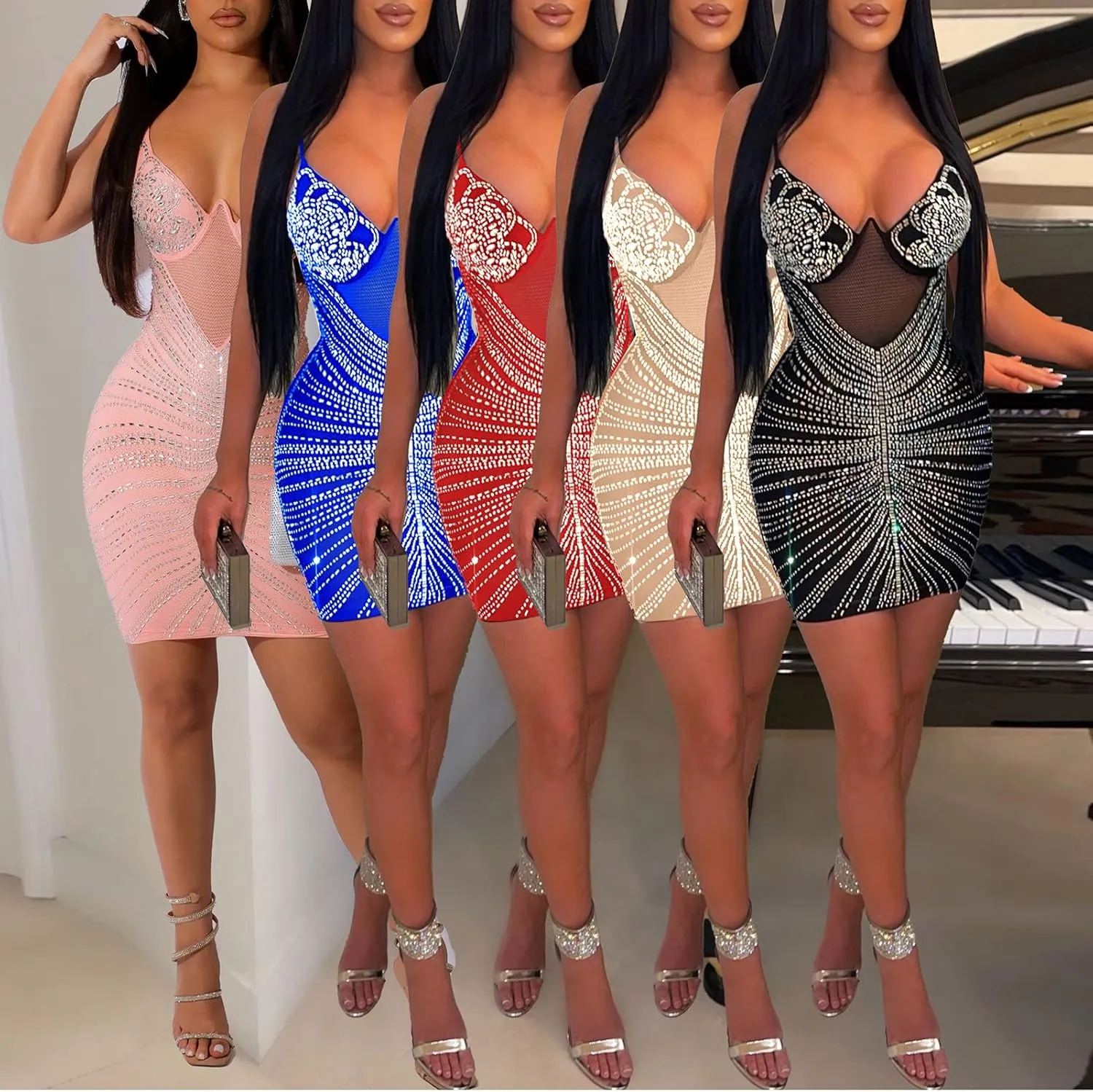 Sexy Rhinestone Dress for Women Spaghetti Straps Backless Hot Drilling Night Club Sleeveless Mesh Short Clubwear