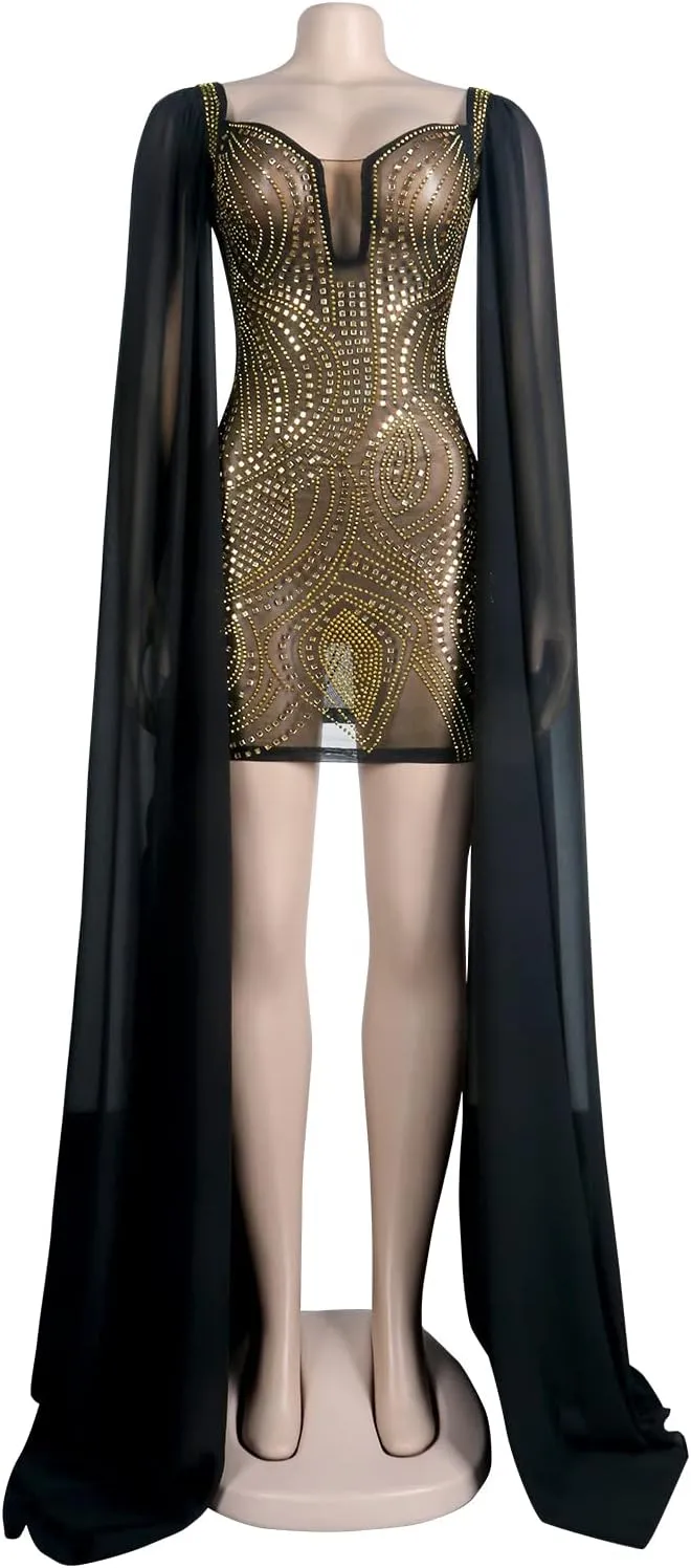 Sexy Rhinestone Dress for Women Spaghetti Straps Backless Hot Drilling Night Club Sleeveless Mesh Short Clubwear