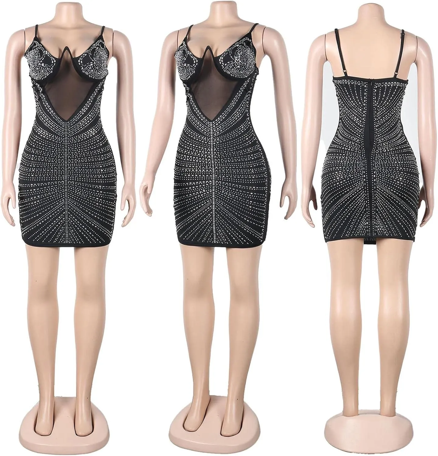 Sexy Rhinestone Dress for Women Spaghetti Straps Backless Hot Drilling Night Club Sleeveless Mesh Short Clubwear