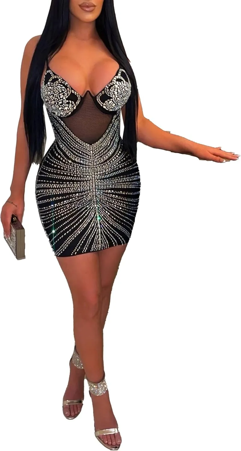 Sexy Rhinestone Dress for Women Spaghetti Straps Backless Hot Drilling Night Club Sleeveless Mesh Short Clubwear