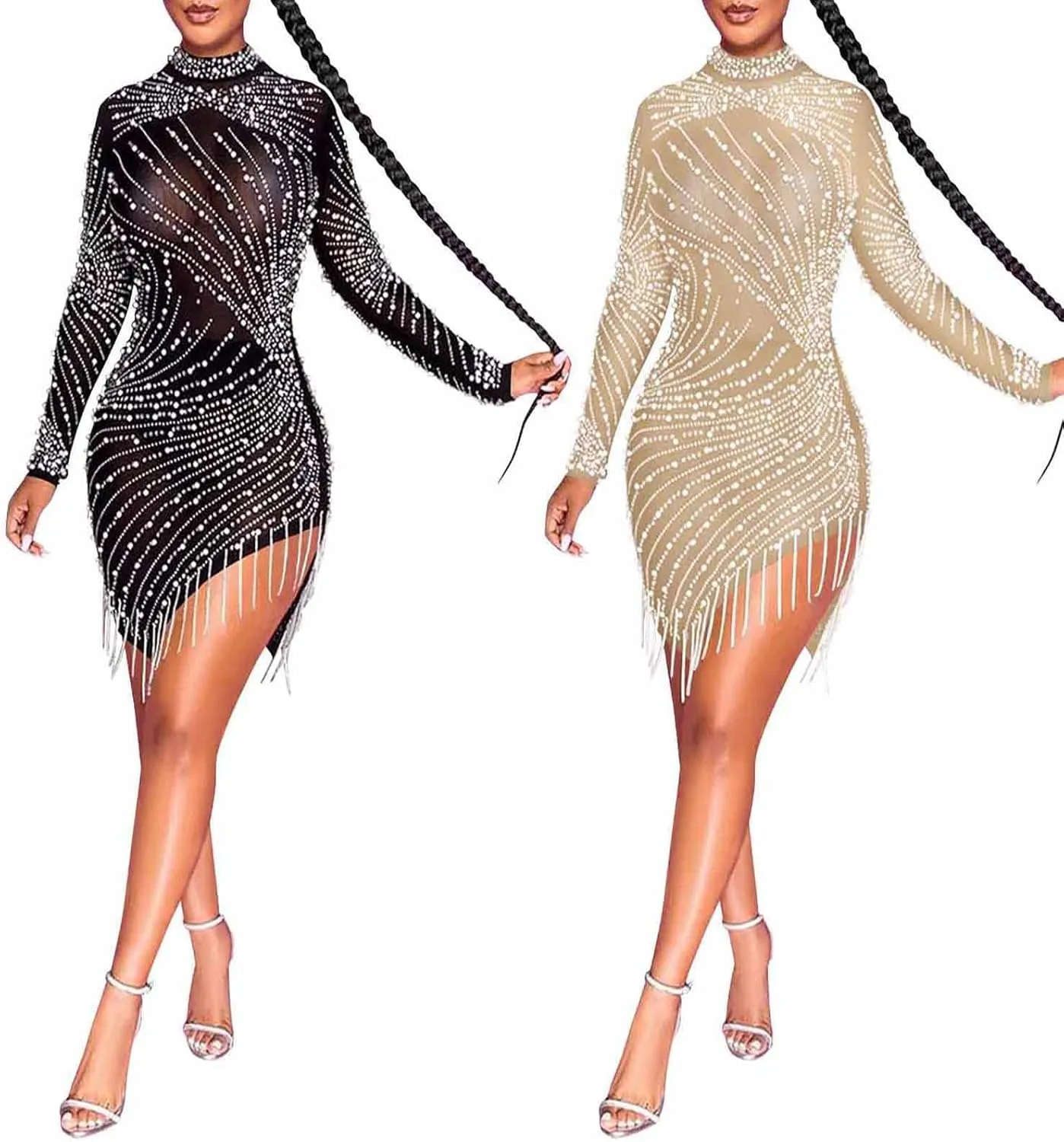 Sexy Rhinestone Dress for Women Spaghetti Straps Backless Hot Drilling Night Club Sleeveless Mesh Short Clubwear