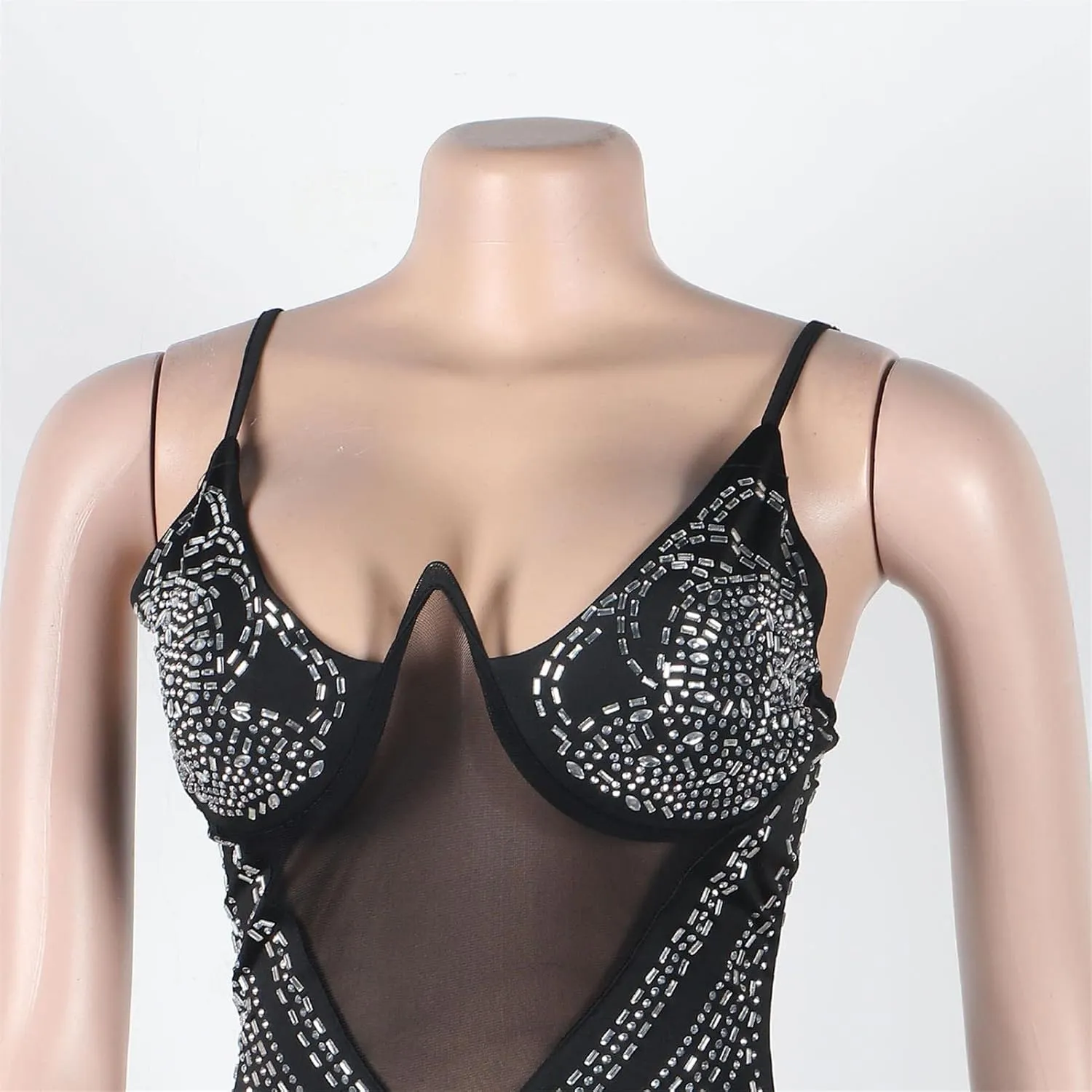 Sexy Rhinestone Dress for Women Spaghetti Straps Backless Hot Drilling Night Club Sleeveless Mesh Short Clubwear