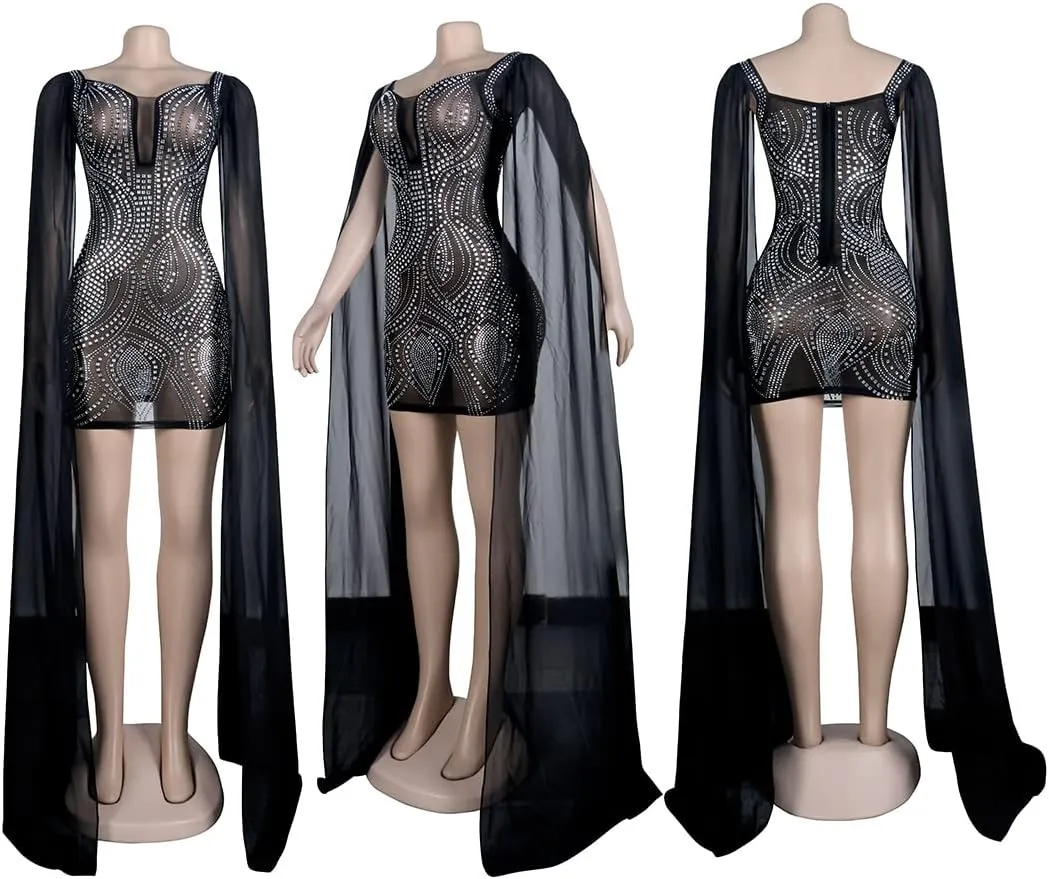 Sexy Rhinestone Dress for Women Spaghetti Straps Backless Hot Drilling Night Club Sleeveless Mesh Short Clubwear