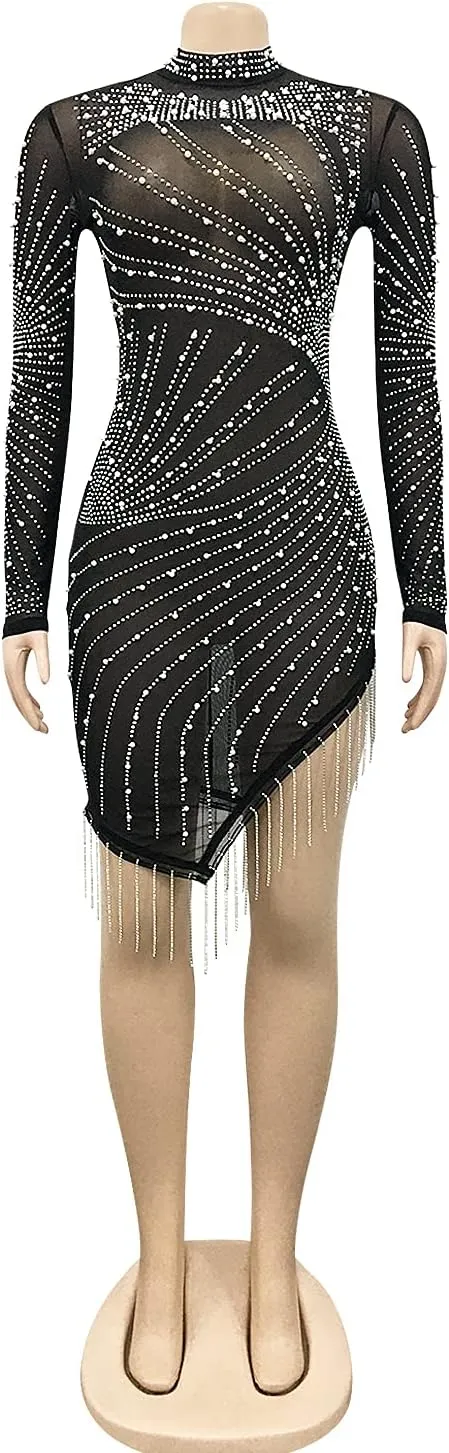 Sexy Rhinestone Dress for Women Spaghetti Straps Backless Hot Drilling Night Club Sleeveless Mesh Short Clubwear