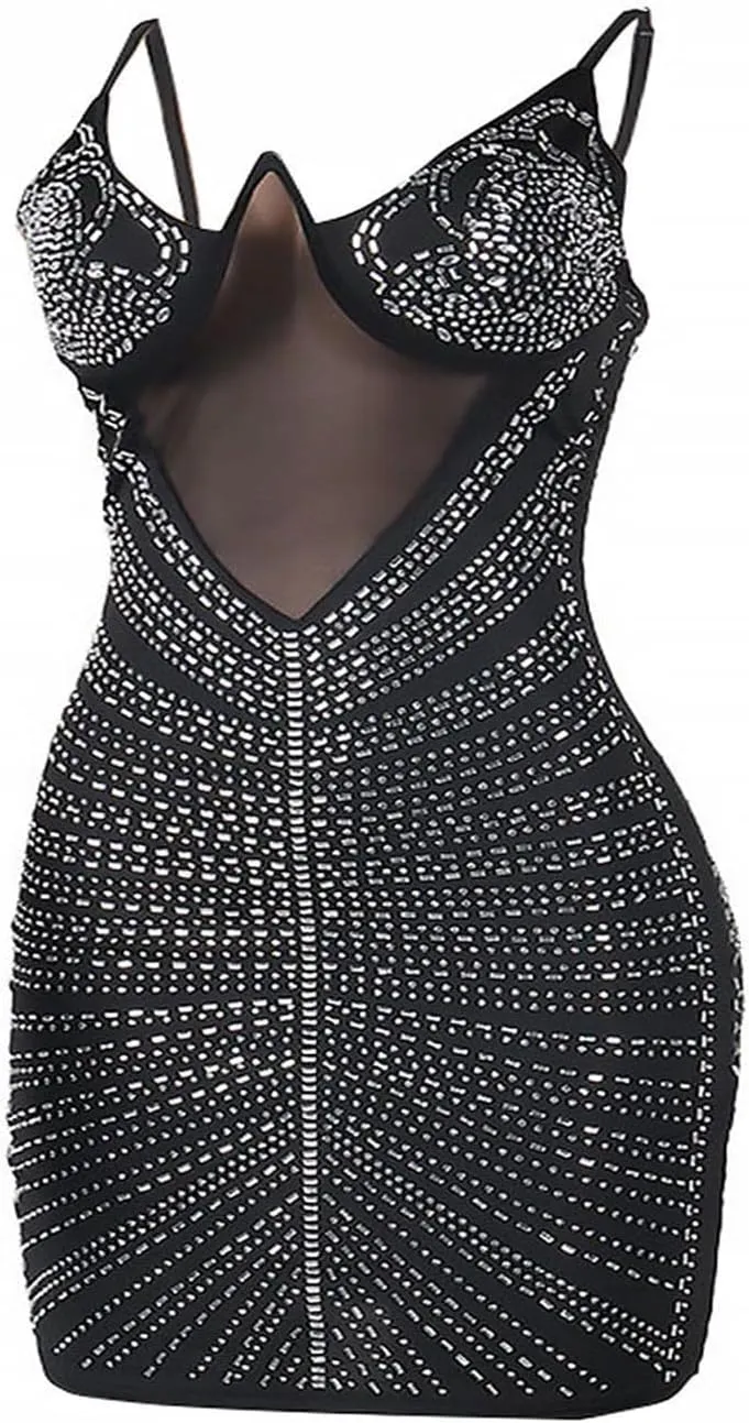 Sexy Rhinestone Dress for Women Spaghetti Straps Backless Hot Drilling Night Club Sleeveless Mesh Short Clubwear