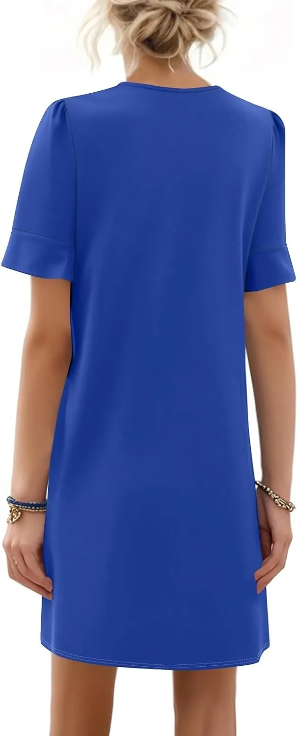 Short Sleeve Dress for Women Trendy V Neck Ruffle Shift Pocket Mini Dresses Casual Summer Flowy Beach Sundresses