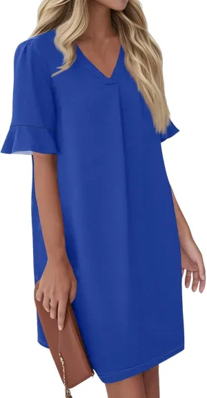 Short Sleeve Dress for Women Trendy V Neck Ruffle Shift Pocket Mini Dresses Casual Summer Flowy Beach Sundresses