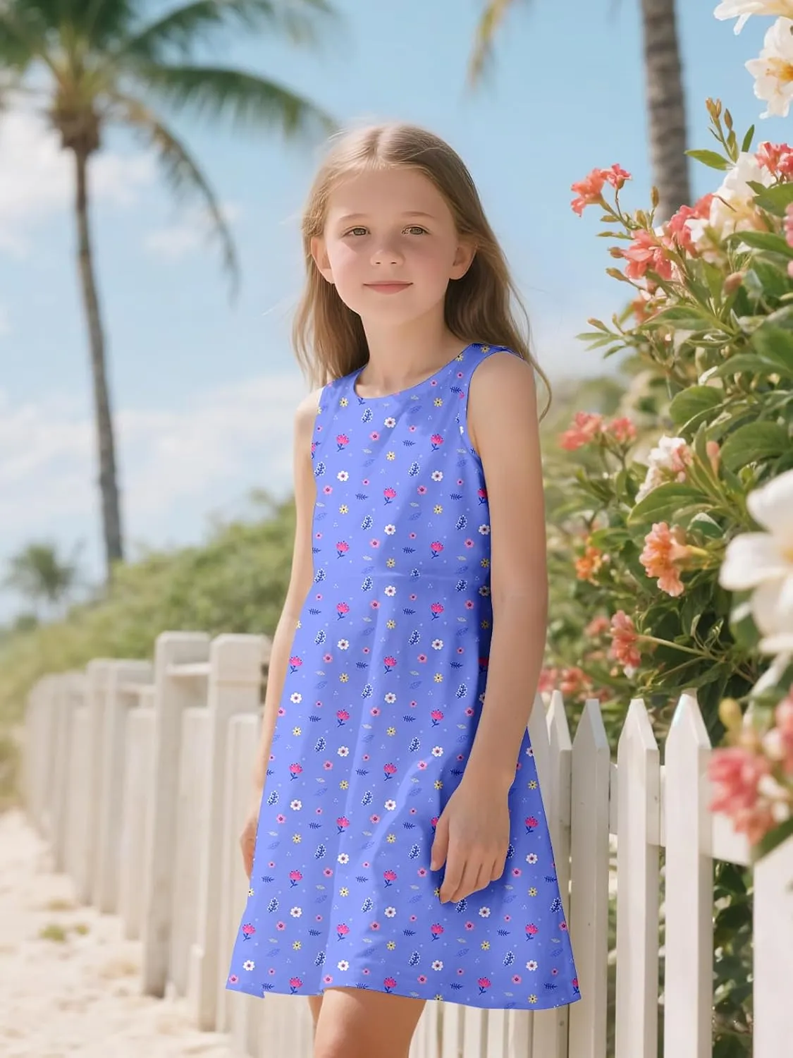 Sleeveless Summer Dress for Girls, Tropical Print Beach Vacation Sundress for Party and Birthday Gift