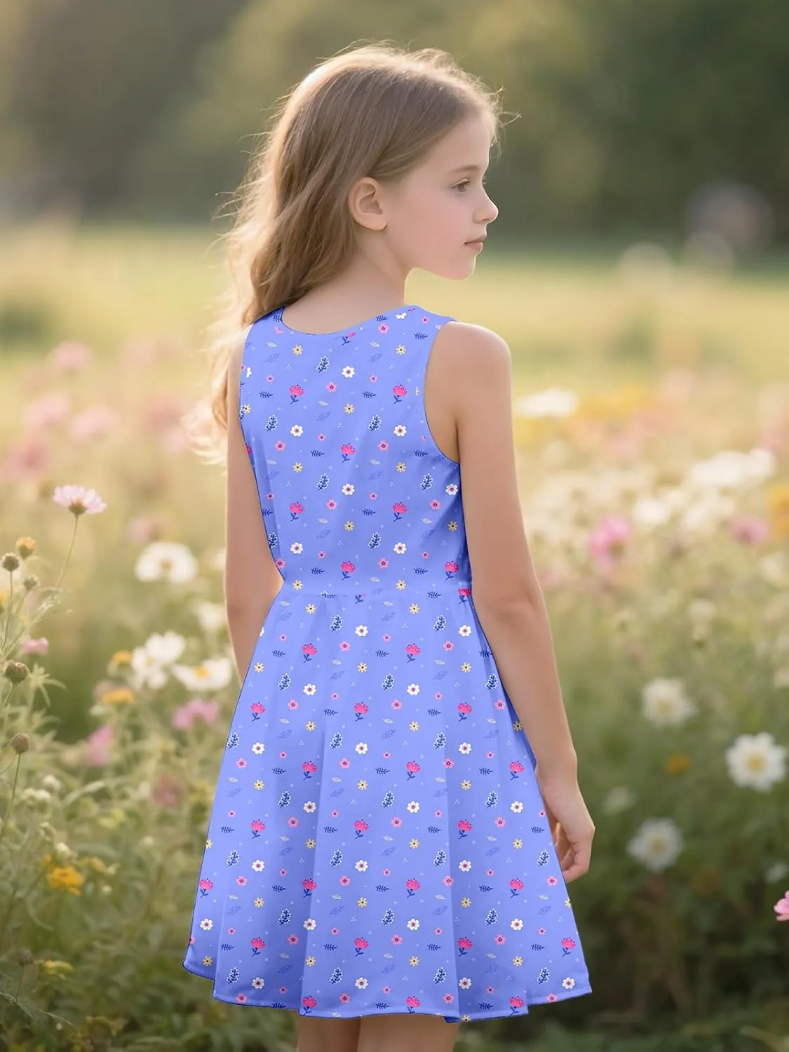 Sleeveless Summer Dress for Girls, Tropical Print Beach Vacation Sundress for Party and Birthday Gift