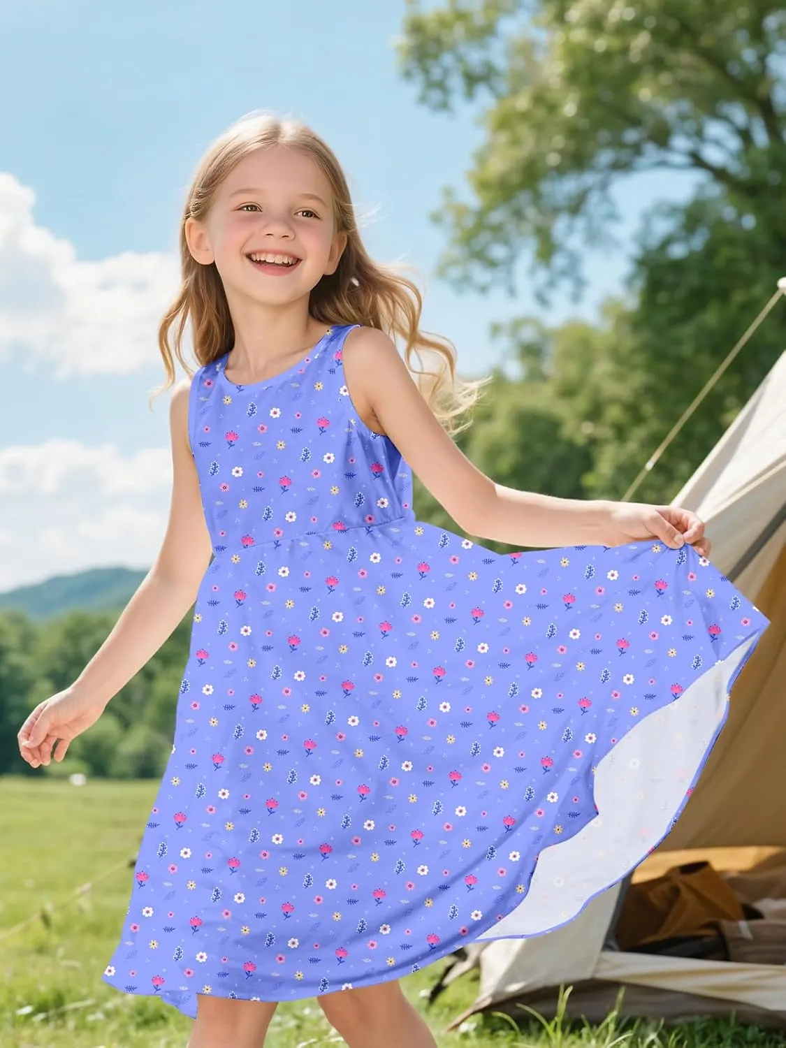 Sleeveless Summer Dress for Girls, Tropical Print Beach Vacation Sundress for Party and Birthday Gift