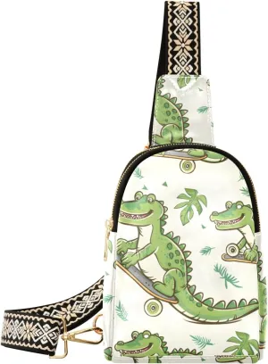 Small Sling Bag for Women Cartoon Green Crocodile Leather Crossbody Bags Chest Bag Waist Packs