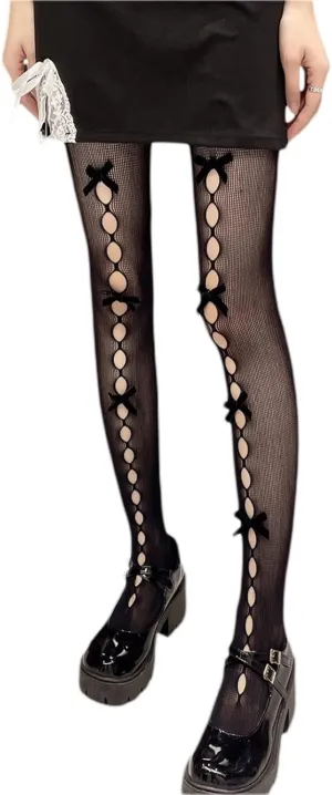 SOLILOQUY Women's Lolita Patterned Tights Kawaii Bowtie Fishnet Stockings Leggings Mesh Pantyhose Hollow Out lace Socks