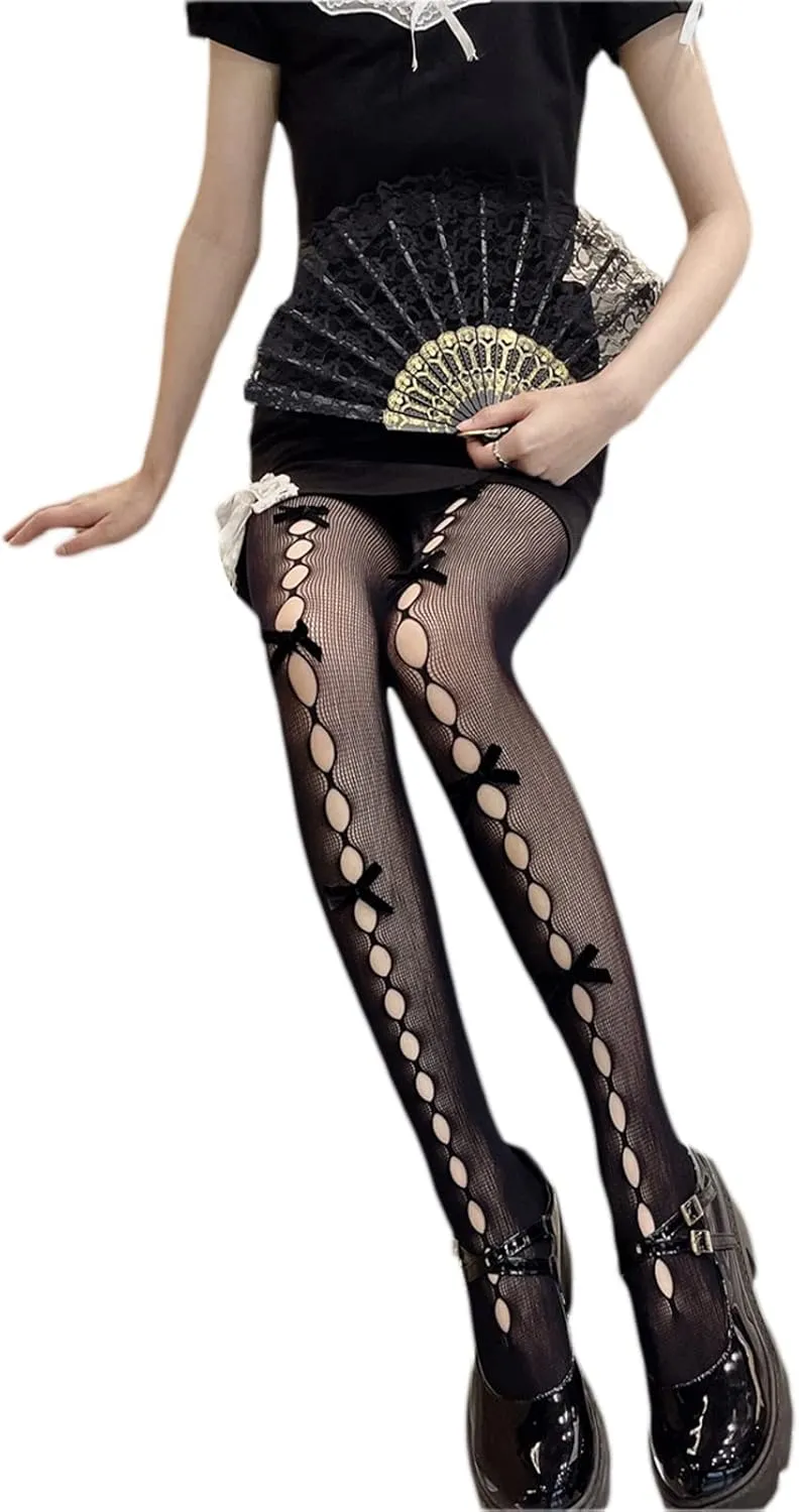SOLILOQUY Women's Lolita Patterned Tights Kawaii Bowtie Fishnet Stockings Leggings Mesh Pantyhose Hollow Out lace Socks