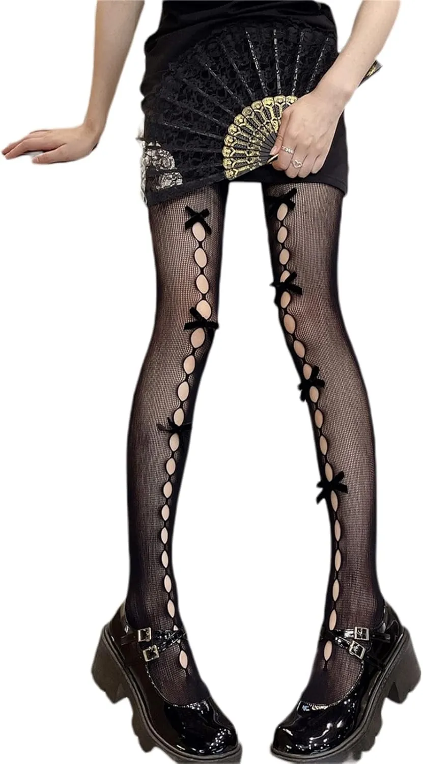 SOLILOQUY Women's Lolita Patterned Tights Kawaii Bowtie Fishnet Stockings Leggings Mesh Pantyhose Hollow Out lace Socks