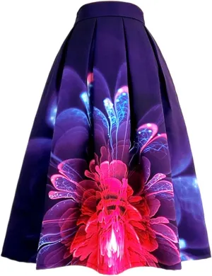 Spring Elegant Women Purple Floral High Waist Long Midi Pleated Skirt