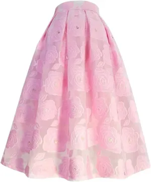 Spring Summer Elegant Floral Organza Tassel High Waist Pink Tulle Mesh Long Midi Skirt