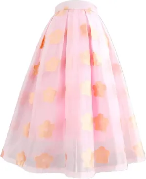 Spring Summer Elegant Floral Organza Tassel High Waist Pink Tulle Mesh Long Midi Skirt