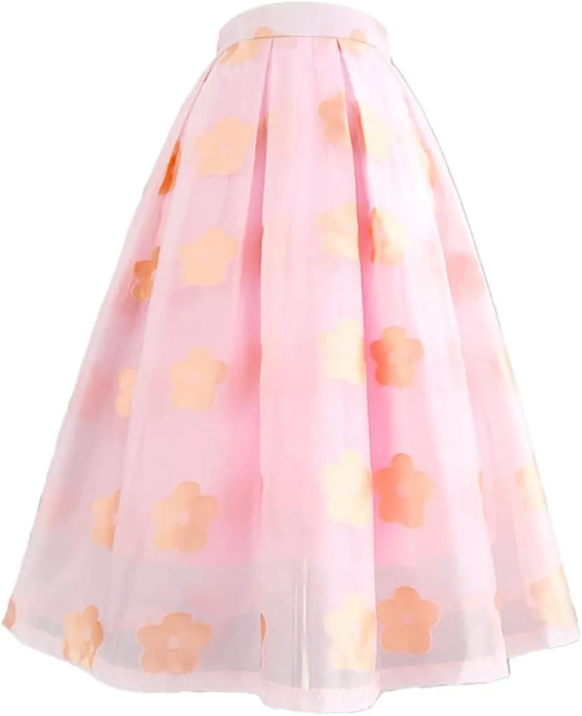 Spring Summer Elegant Floral Organza Tassel High Waist Pink Tulle Mesh Long Midi Skirt