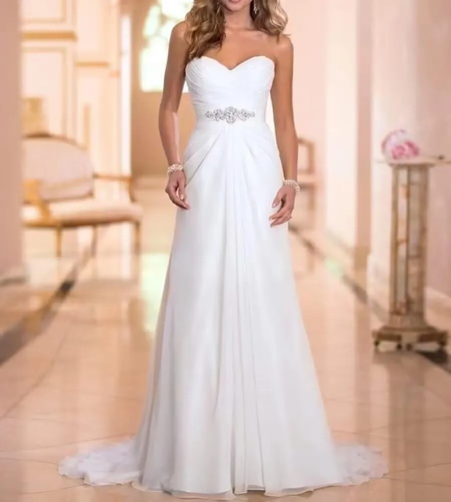 Strapless Wedding Dresses for Bride A-Line Chiffon V Neck Bridal Gown Evening Gown for Bride with Belt 2025