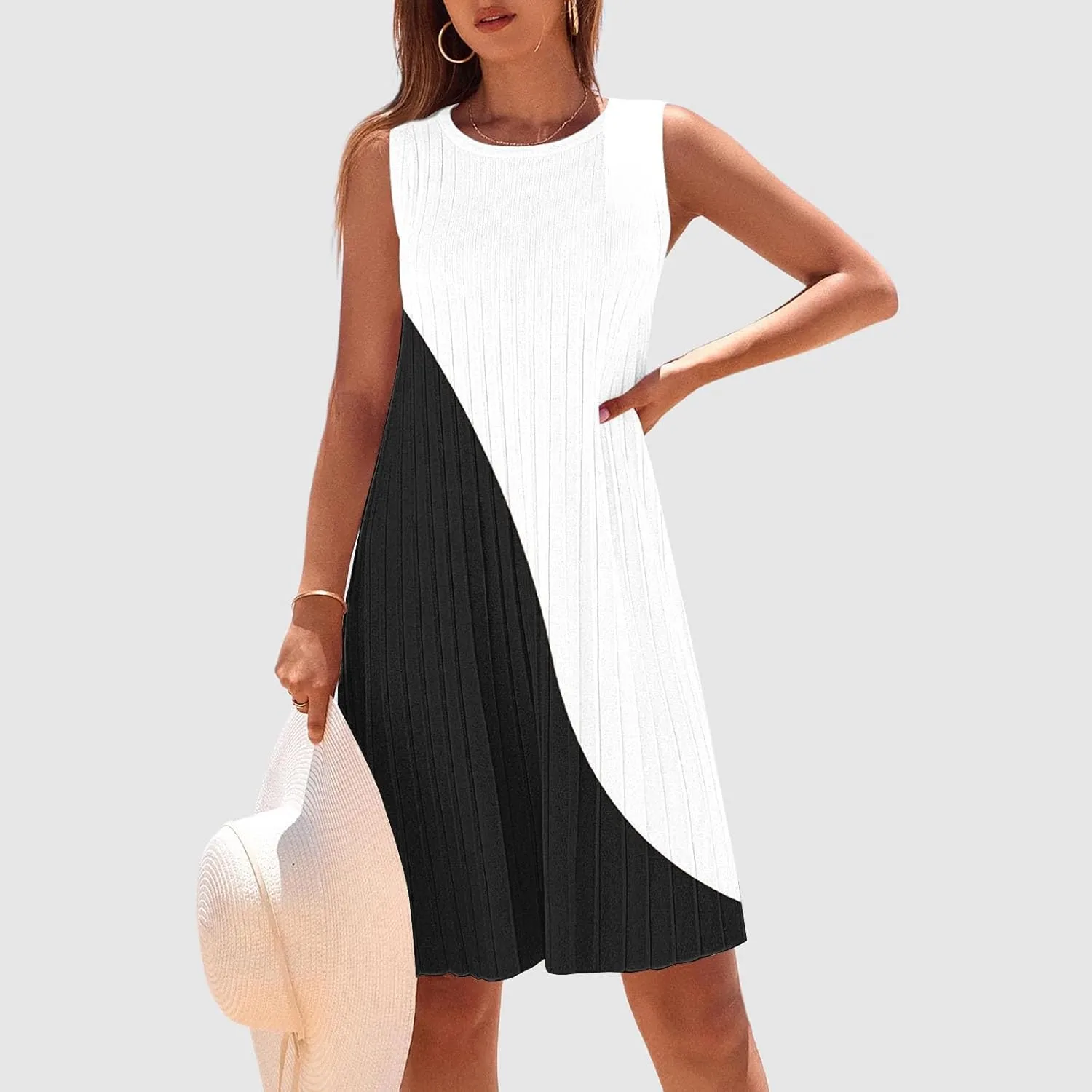 Summer Dresses for Women 2025 Loose Beach Vacation Casual Crew Neck Casual Boho Dress Sleeveless Sundresses with Pockets