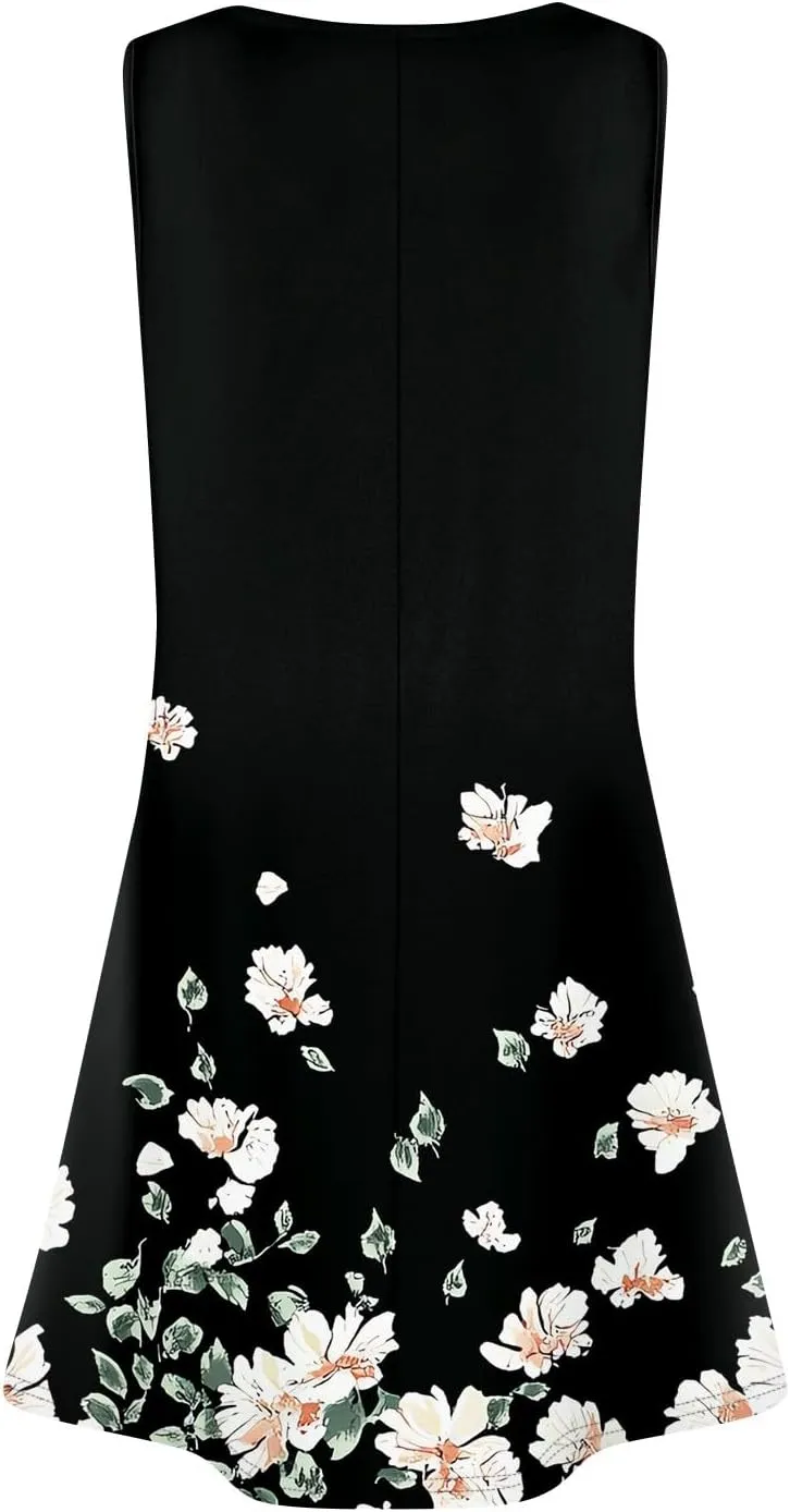 Summer Dresses for Women 2025 Loose Casual T Shirt Dresses V Neck Floral Sundresses Sleeveless Pleated Front Tank Dress