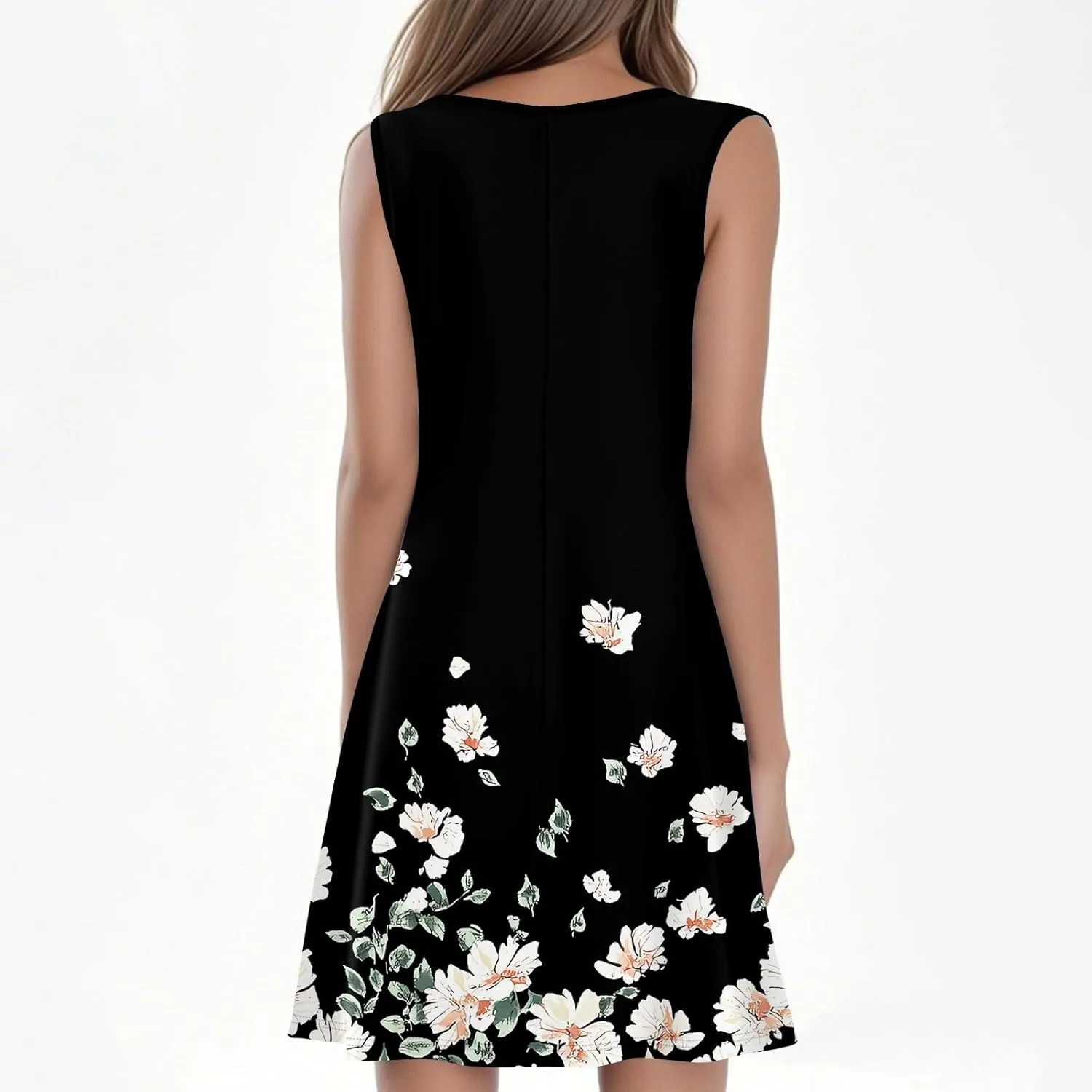 Summer Dresses for Women 2025 Loose Casual T Shirt Dresses V Neck Floral Sundresses Sleeveless Pleated Front Tank Dress