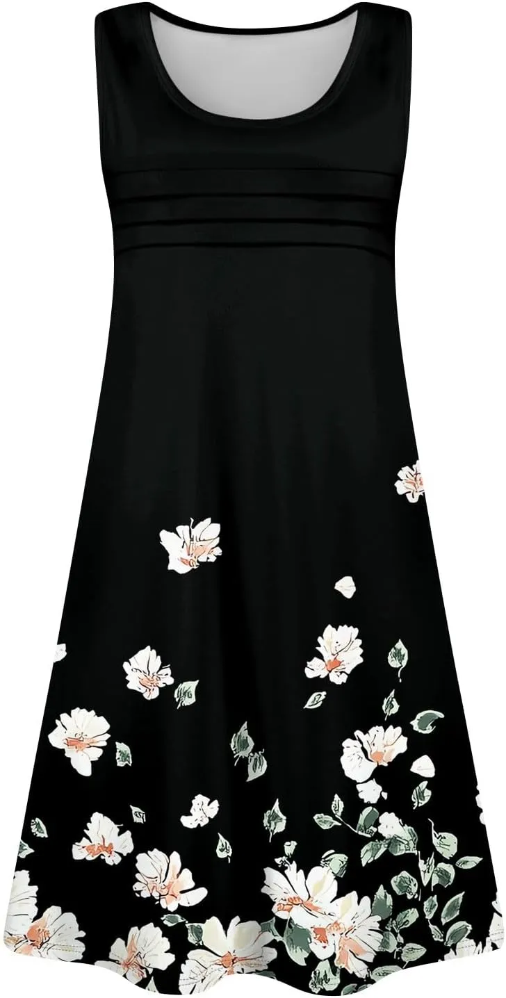 Summer Dresses for Women 2025 Loose Casual T Shirt Dresses V Neck Floral Sundresses Sleeveless Pleated Front Tank Dress
