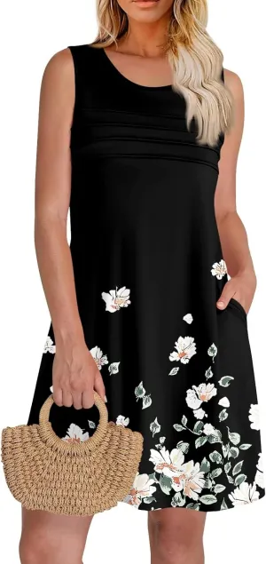 Summer Dresses for Women 2025 Loose Casual T Shirt Dresses V Neck Floral Sundresses Sleeveless Pleated Front Tank Dress