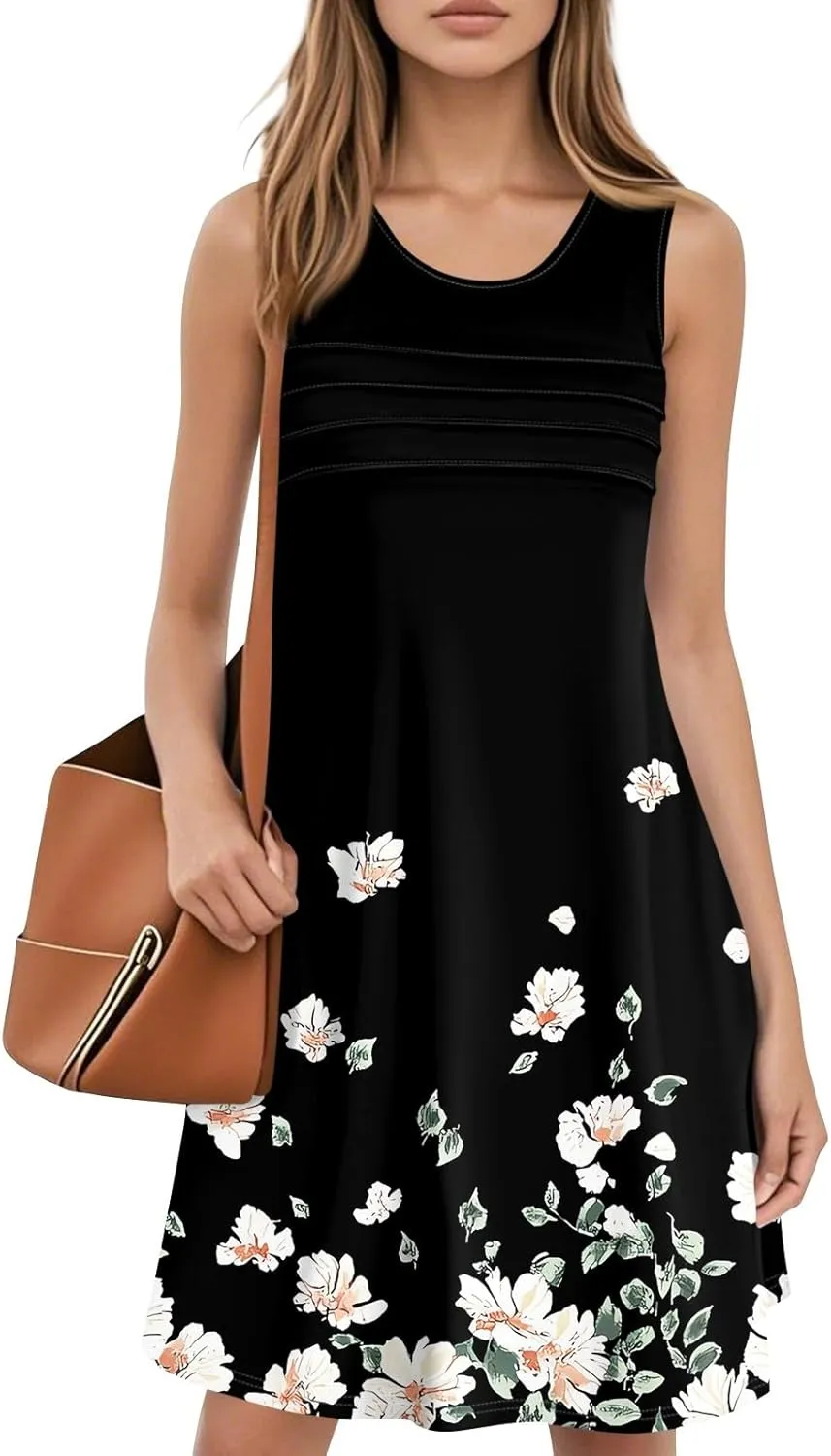 Summer Dresses for Women 2025 Loose Casual T Shirt Dresses V Neck Floral Sundresses Sleeveless Pleated Front Tank Dress