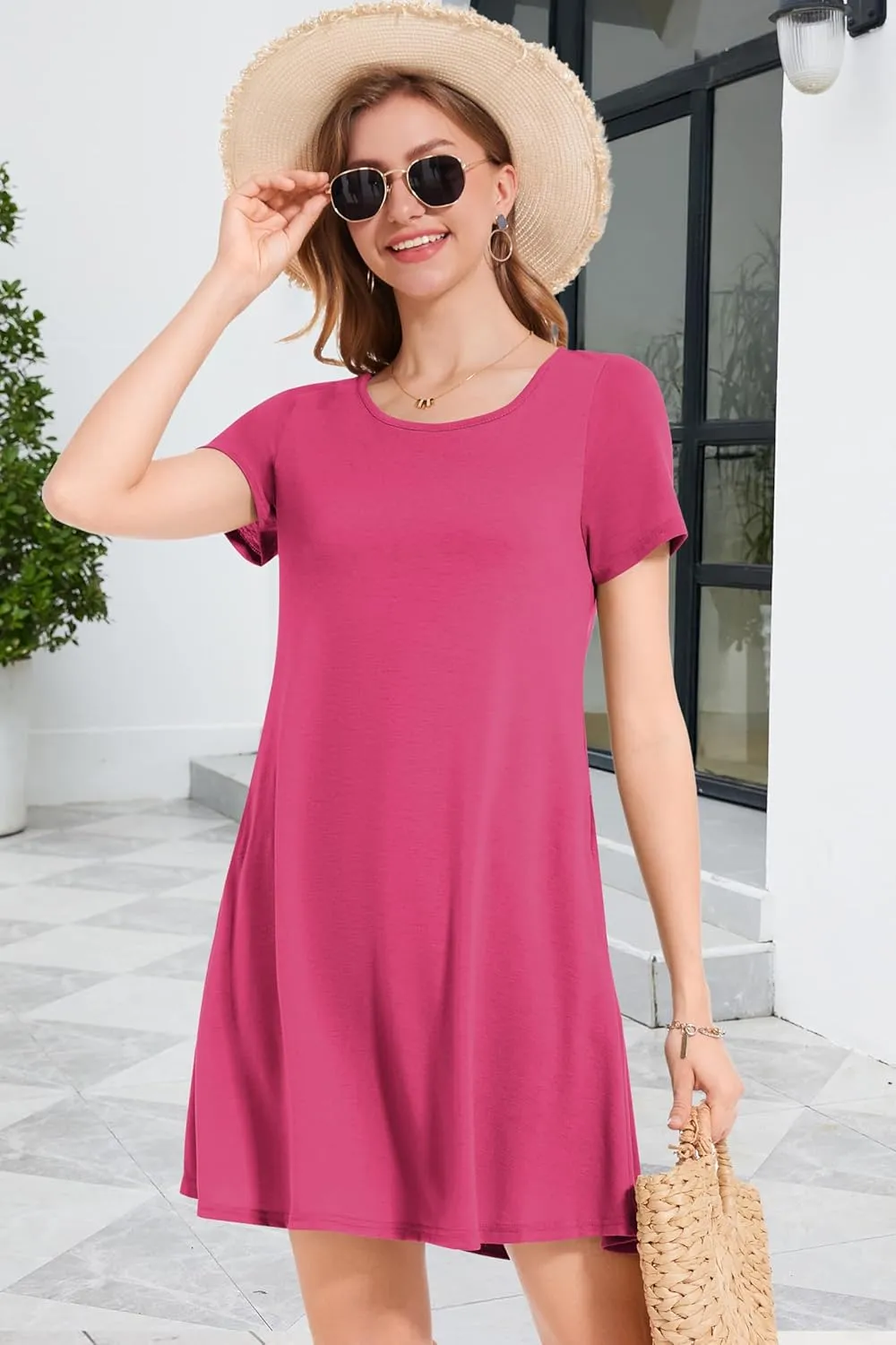 Summer Dresses for Women Casual Short Sleeve Sundress Scoop Neck Beach T Shirt Dress with Pockets
