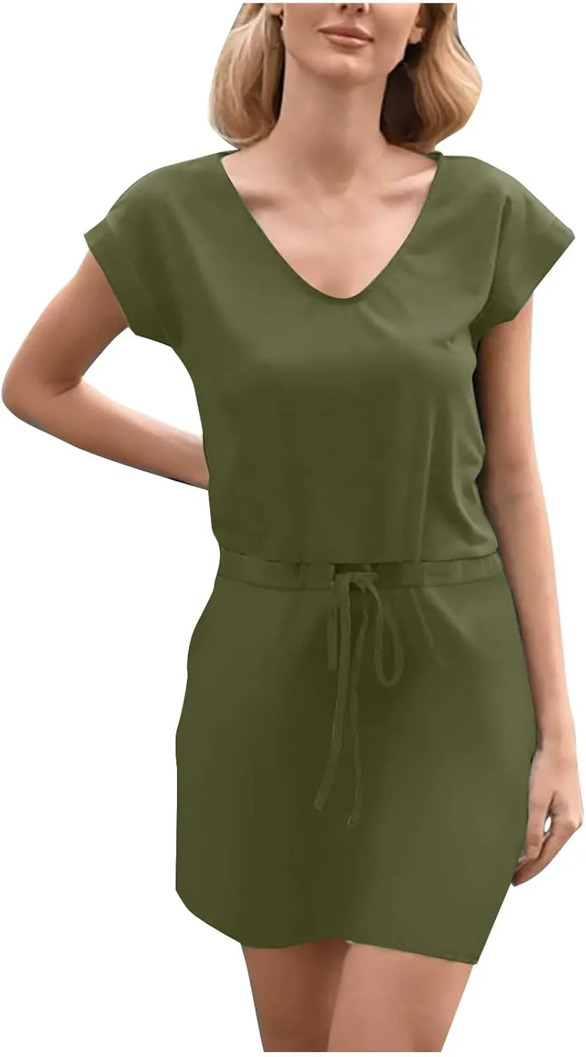 Summer Dresses for Women Short Sleeve Loose Tshirt Dress V-Neck Comfy Casual Sundresses with Pockets