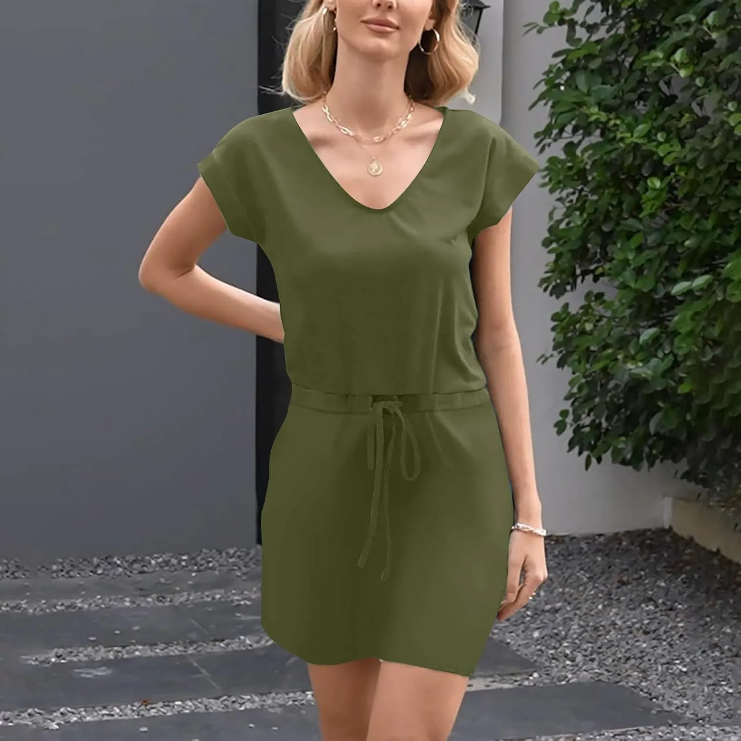 Summer Dresses for Women Short Sleeve Loose Tshirt Dress V-Neck Comfy Casual Sundresses with Pockets