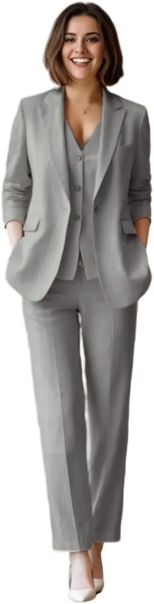 Summer Linen Womens Tuxedo 3 Piece Suit Sets Blazer Pants Vest Womens Business Professional Outfits