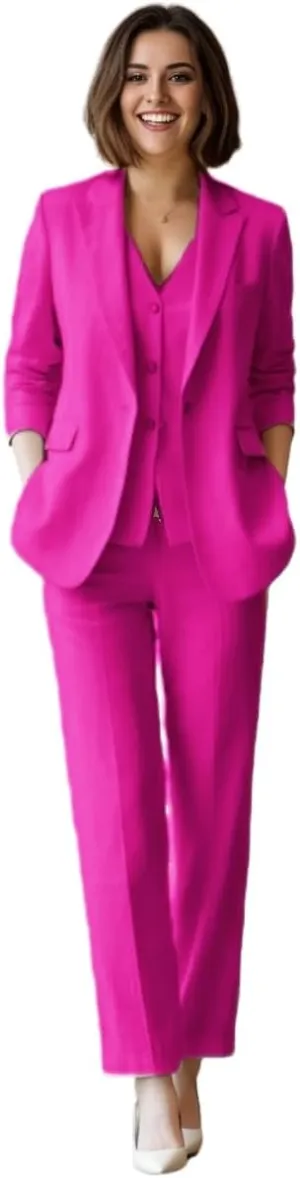 Summer Linen Womens Tuxedo 3 Piece Suit Sets Blazer Pants Vest Womens Business Professional Outfits