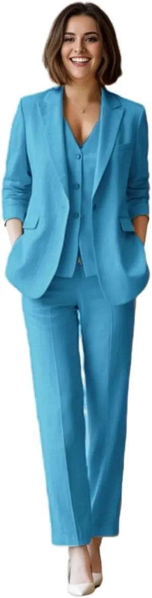 Summer Linen Womens Tuxedo 3 Piece Suit Sets Blazer Pants Vest Womens Business Professional Outfits