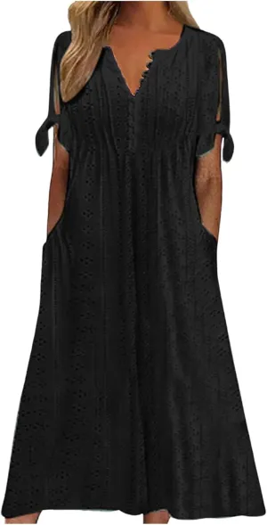 Summer Maxi Dresses for Women 2025 Trendy Short Sleeve Eyelet Flowy Tshirt Dress Casual Summer Beach Vacation Long Sundress