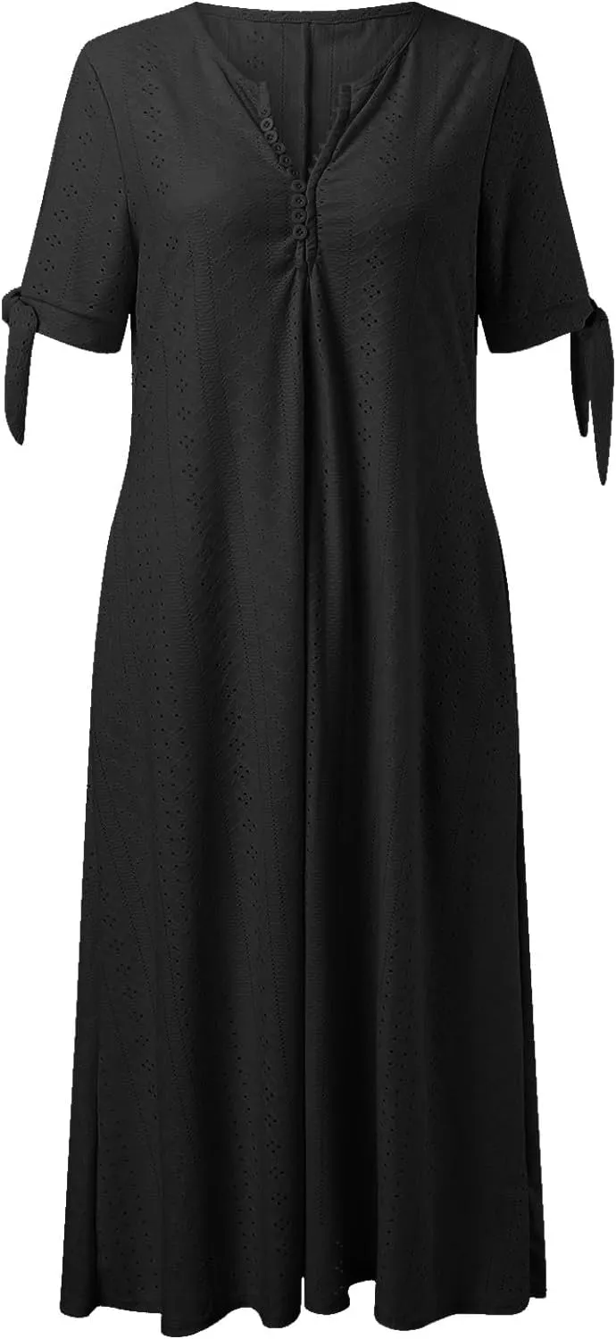 Summer Maxi Dresses for Women 2025 Trendy Short Sleeve Eyelet Flowy Tshirt Dress Casual Summer Beach Vacation Long Sundress