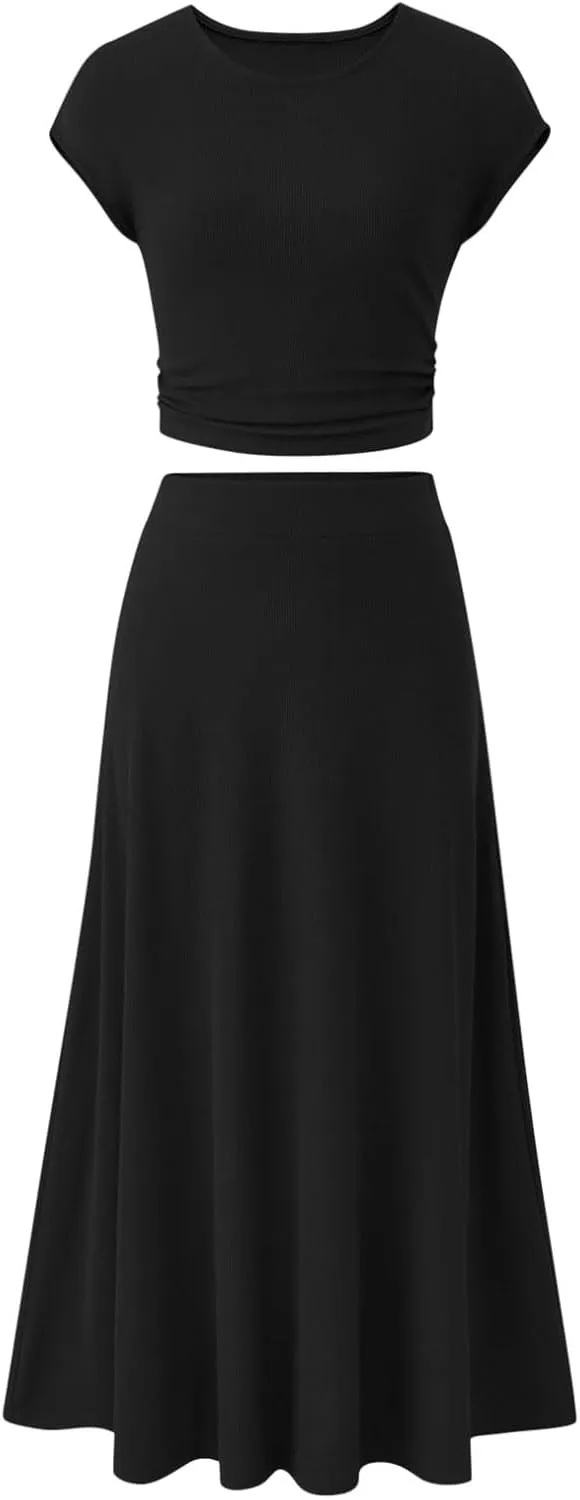 Summer Two Piece Sets For Women Short Sleeve Cropped Tops And Pleated Midi Skirt Lounge Sets Solid Travel Lounge Sets