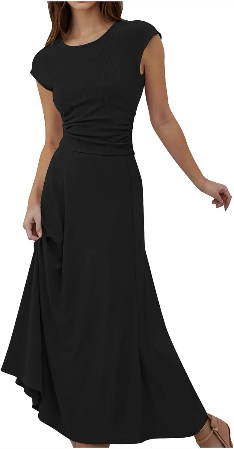 Summer Two Piece Sets For Women Short Sleeve Cropped Tops And Pleated Midi Skirt Lounge Sets Solid Travel Lounge Sets