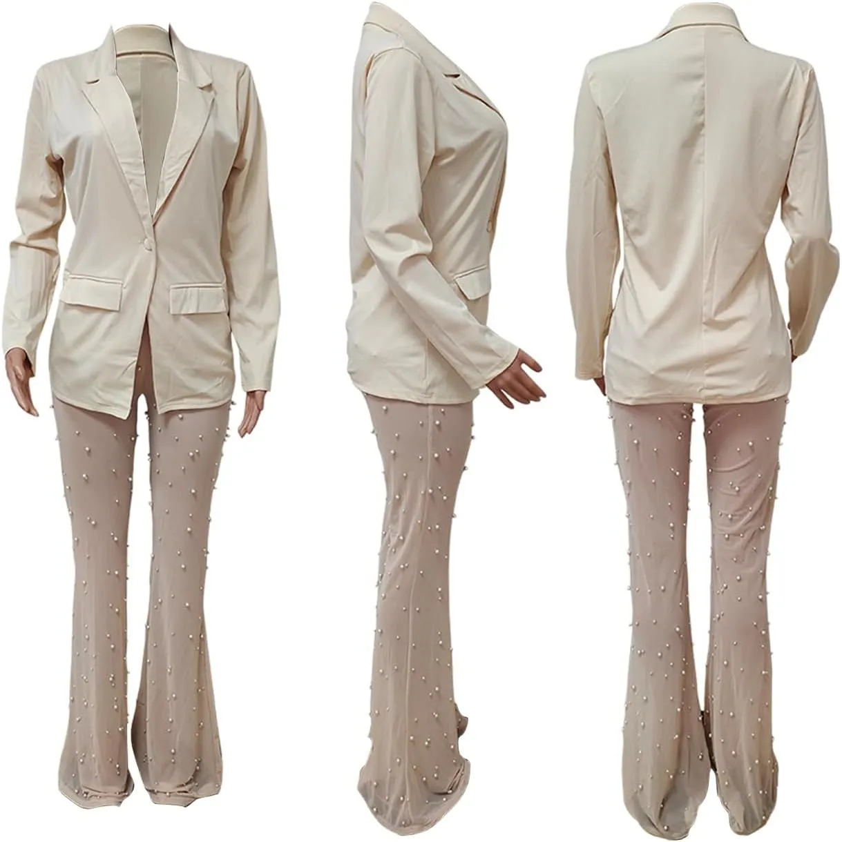Tbahhir Sexy Blazers Suits for Women 2 Piece Outfits Long Sleeve Blazer and Mesh Sheer Pants Sets Clubwear Party