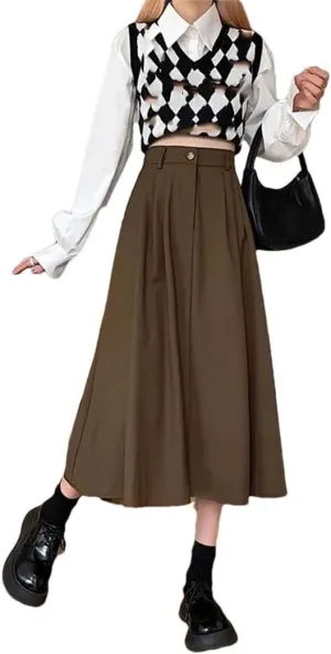 TdvcpmkkWomen's Retro Pleated Skirt High Waist Fleece Midi A-Line Skirt