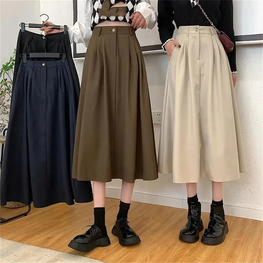 TdvcpmkkWomen's Retro Pleated Skirt High Waist Fleece Midi A-Line Skirt
