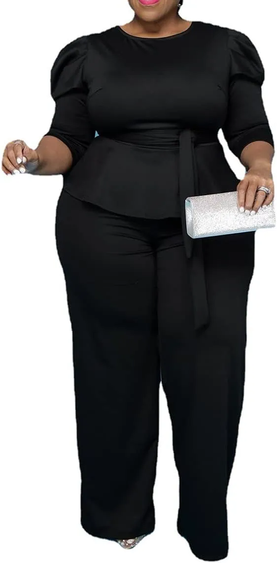 ThusFar Plus Size 2 Piece Outfits for Women Blazer Top Long Sleeve Long Pants Sets Casual Elegant Business Suit with Belt