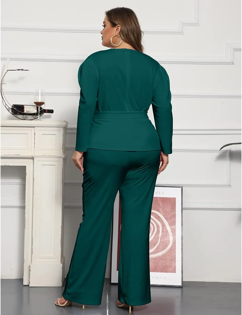 ThusFar Plus Size 2 Piece Outfits for Women Blazer Top Long Sleeve Long Pants Sets Casual Elegant Business Suit with Belt