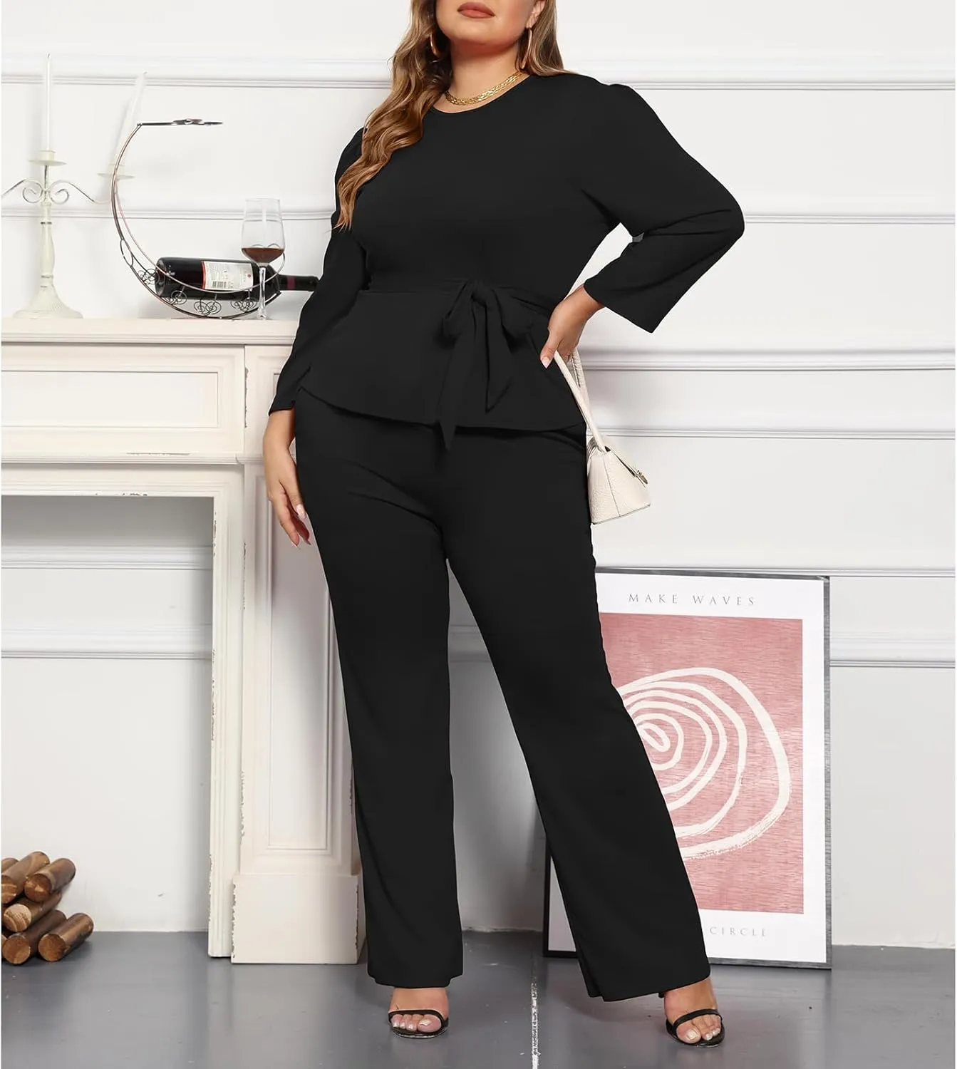 ThusFar Plus Size 2 Piece Outfits for Women Blazer Top Long Sleeve Long Pants Sets Casual Elegant Business Suit with Belt