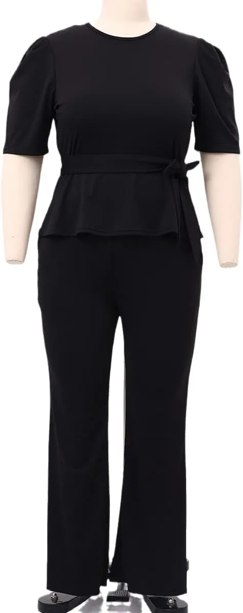 ThusFar Plus Size 2 Piece Outfits for Women Blazer Top Long Sleeve Long Pants Sets Casual Elegant Business Suit with Belt