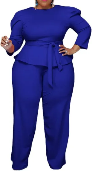 ThusFar Plus Size 2 Piece Outfits for Women Blazer Top Long Sleeve Long Pants Sets Casual Elegant Business Suit with Belt